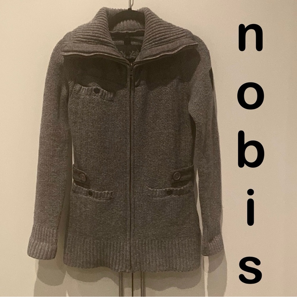 Nobis Cartigan Zip Up Grey Lambs Wool Knit with Tweed accents